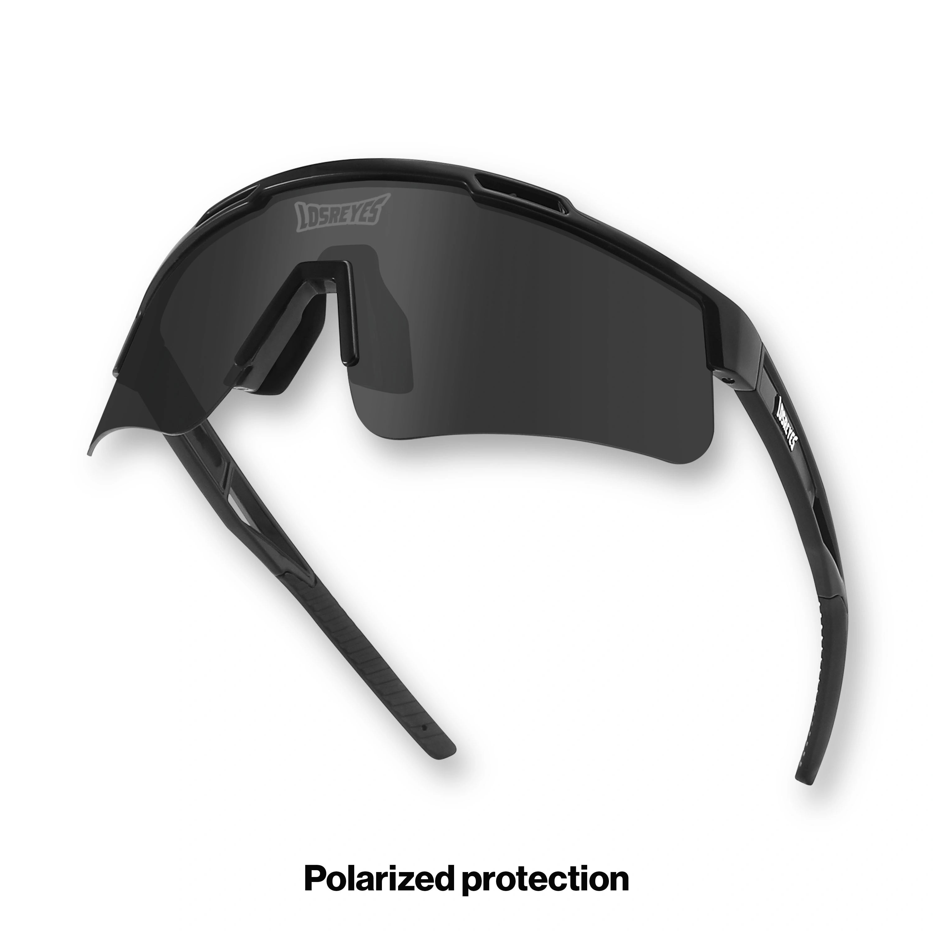 Hero angle of LosReyes Prime Polarized Black athletic sunglasses showcasing aerodynamic black frame, polarized mirrored shield lens, and sweat-resistant nose support built for running, field sports, and full-sun visibility.