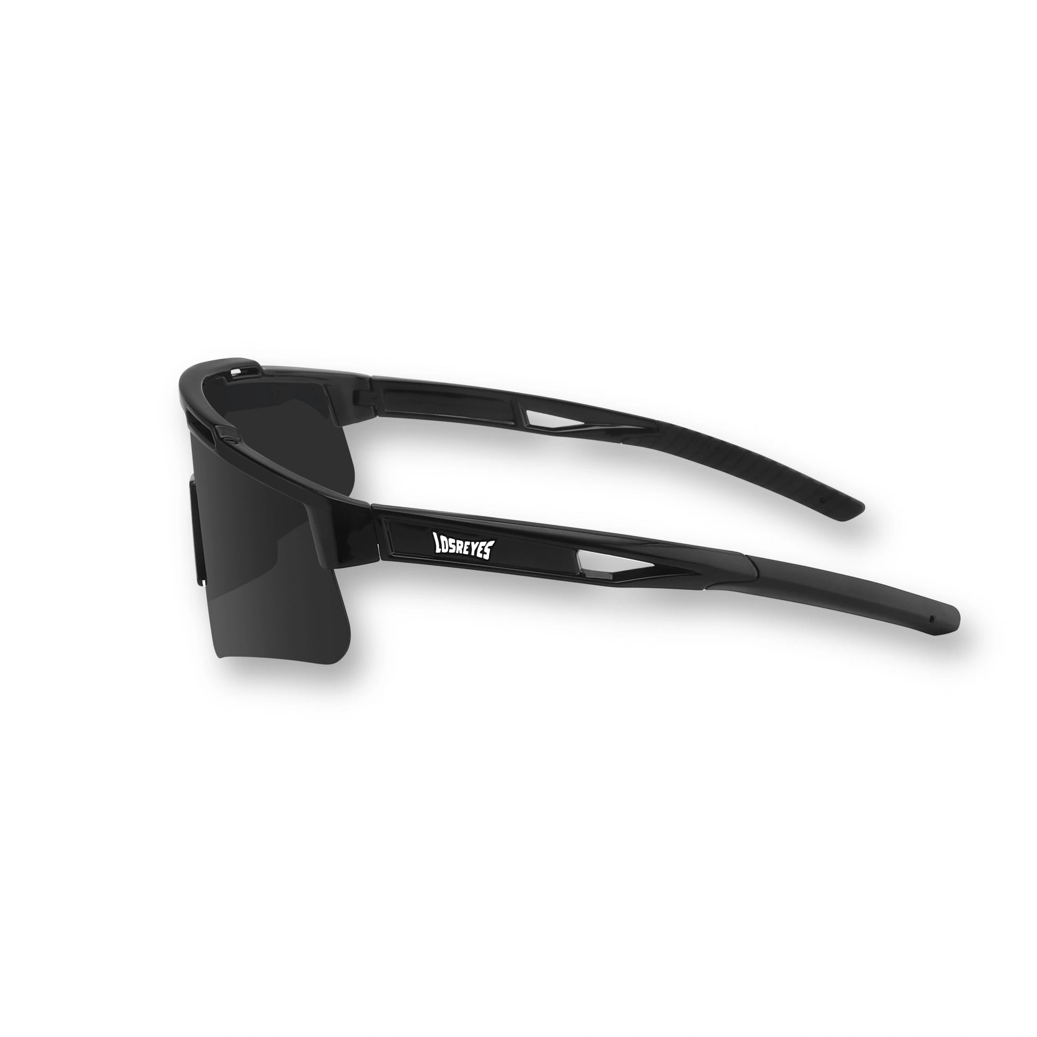 Side profile of LosReyes Prime Polarized Black UV sports sunglasses with wraparound polarized lenses and lightweight black frame engineered for comfort, speed, and high-intensity movement under bright conditions.