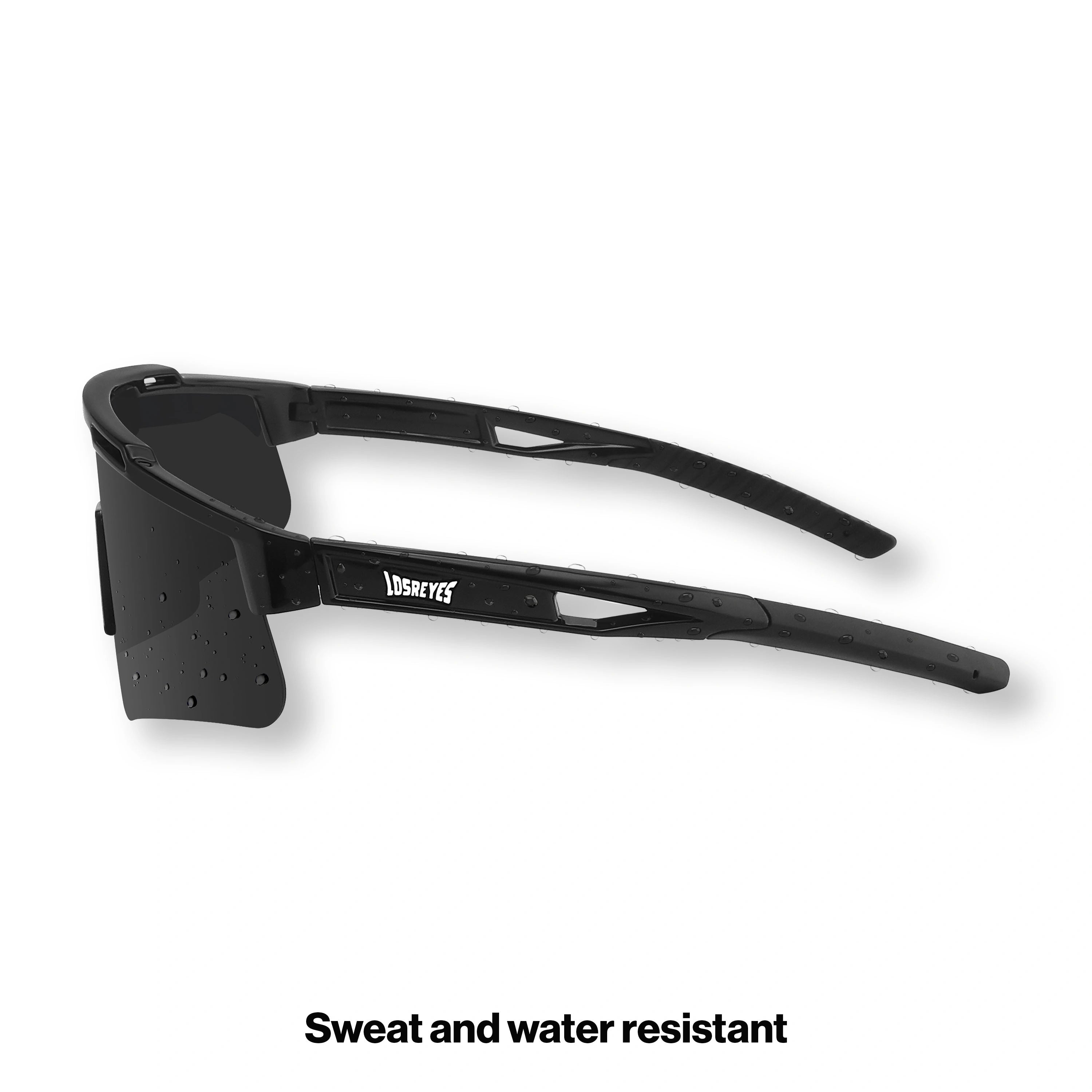 Side profile of LosReyes Prime Polarized Black UV sports sunglasses with wraparound polarized lenses and lightweight black frame engineered for comfort, speed, and high-intensity movement under bright conditions.