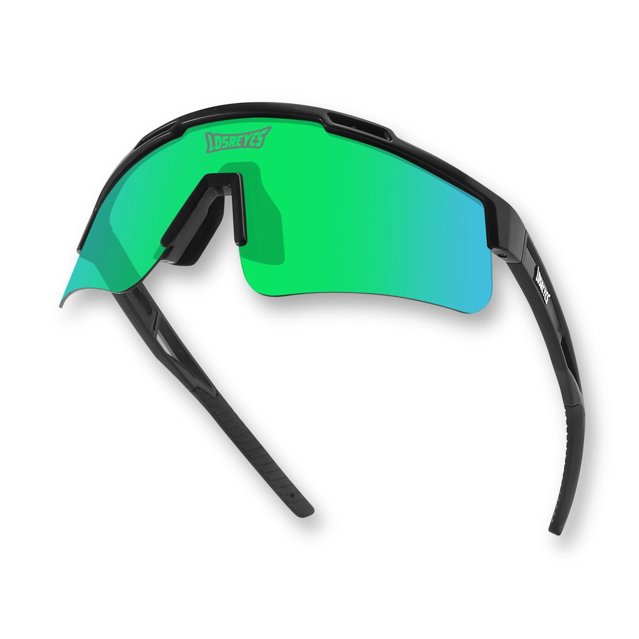 Hero angle of LosReyes Prime Polarized Green athletic sunglasses showcasing wide mirrored polarized shield lens, black wraparound frame, and anti-glare technology for maximum visibility in sunlight during competitive performance