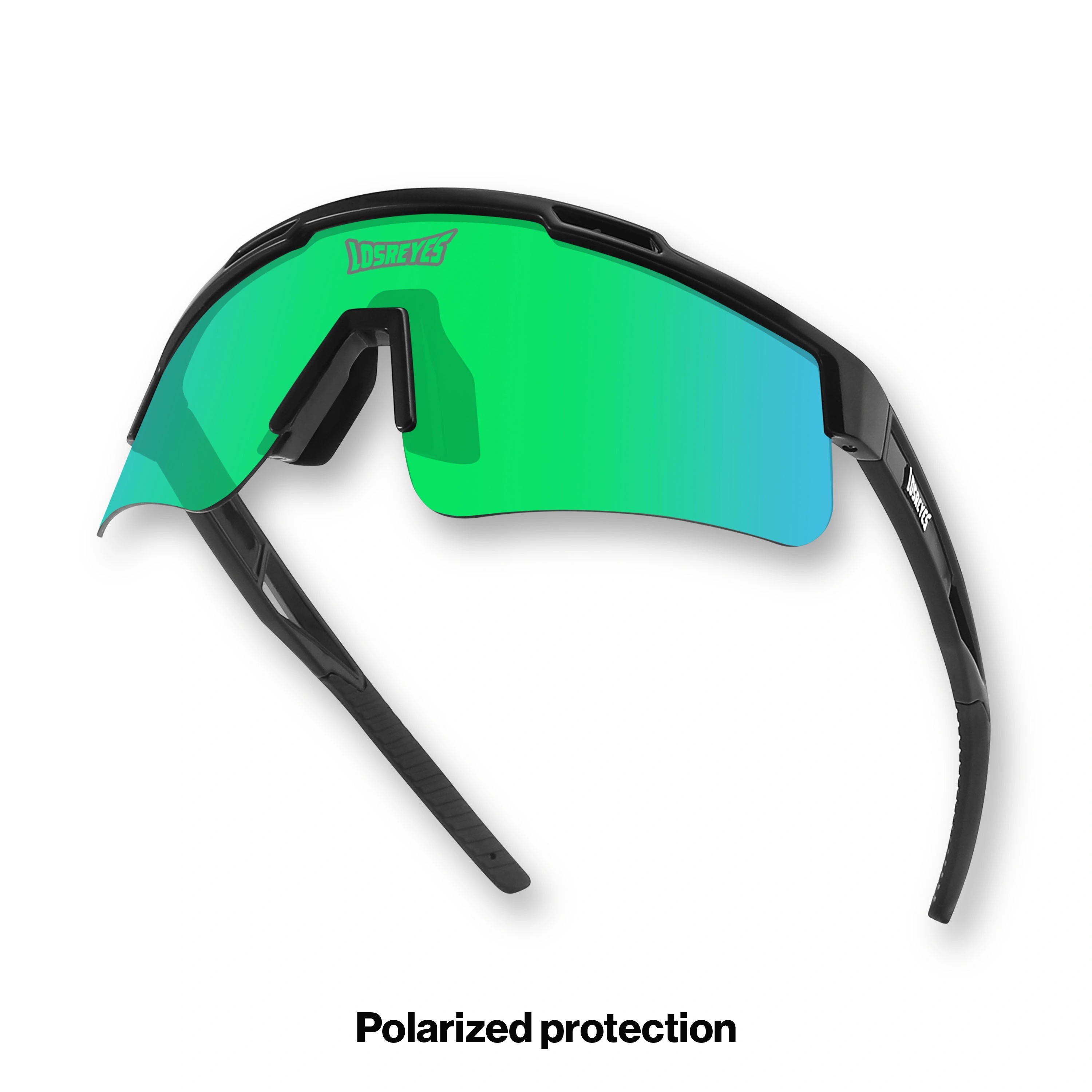 Hero angle of LosReyes Prime Polarized Green athletic sunglasses showcasing wide mirrored polarized shield lens, black wraparound frame, and anti-glare technology for maximum visibility in sunlight during competitive performance