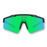 Front view of LosReyes Prime Polarized Green sports sunglasses featuring green-blue mirrored shield lens, aerodynamic black frame, and polarized UV400 protection designed for high-speed outdoor athletics
