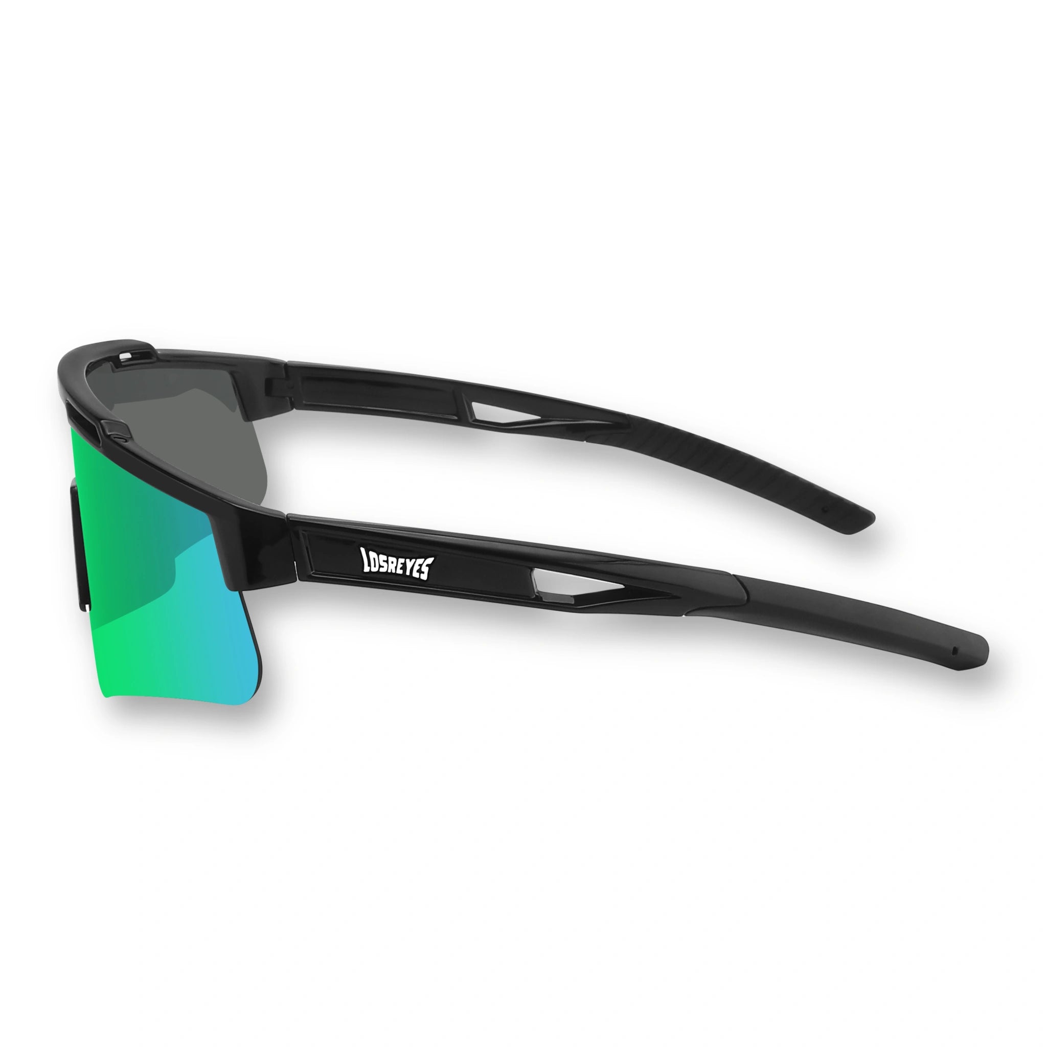 Side profile of LosReyes Prime Polarized Green performance sunglasses with ergonomic black arms, grippy rubberized tips, and polarized reflective green lens for baseball, track, and cycling under bright outdoor conditions
