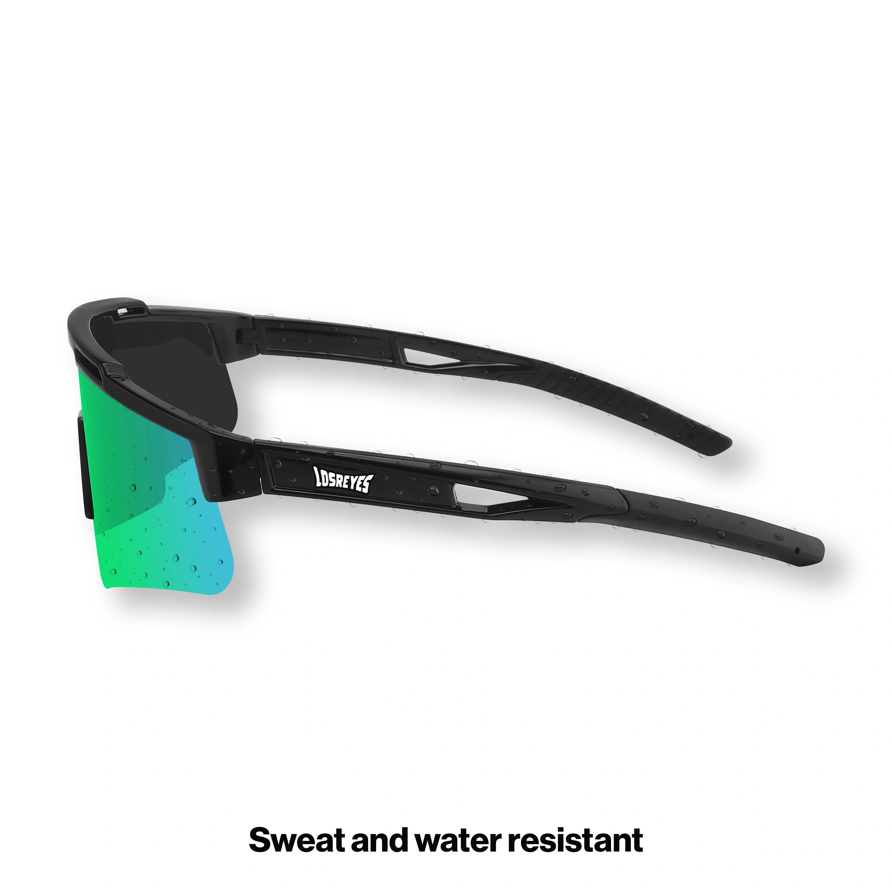 Side profile of LosReyes Prime Polarized Green performance sunglasses with ergonomic black arms, grippy rubberized tips, and polarized reflective green lens for baseball, track, and cycling under bright outdoor conditions