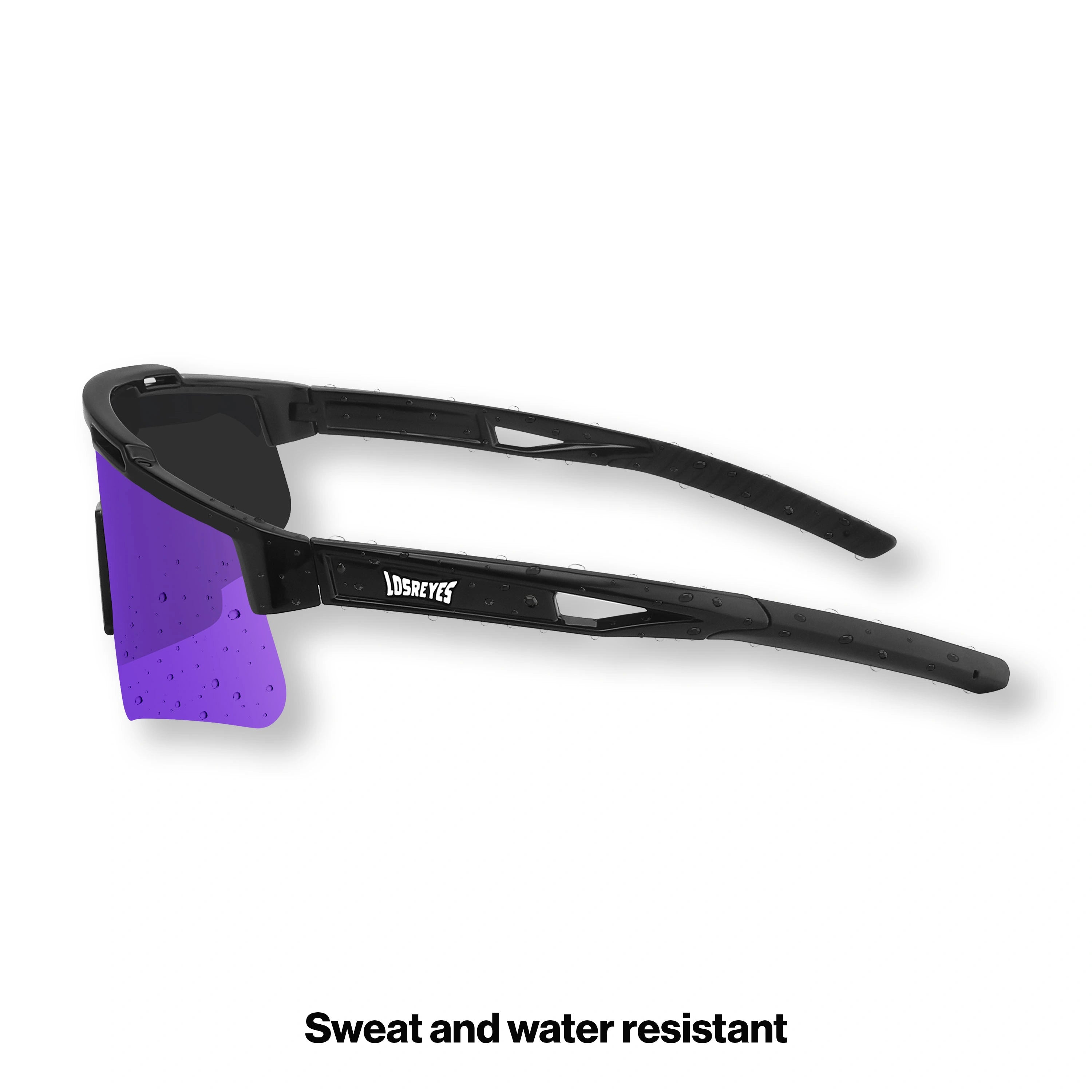 Side view of LosReyes Prime Polarized Purple performance sunglasses showing lightweight black frame with contoured arms and violet polarized lenses, ideal for baseball, running, and high-speed movement.