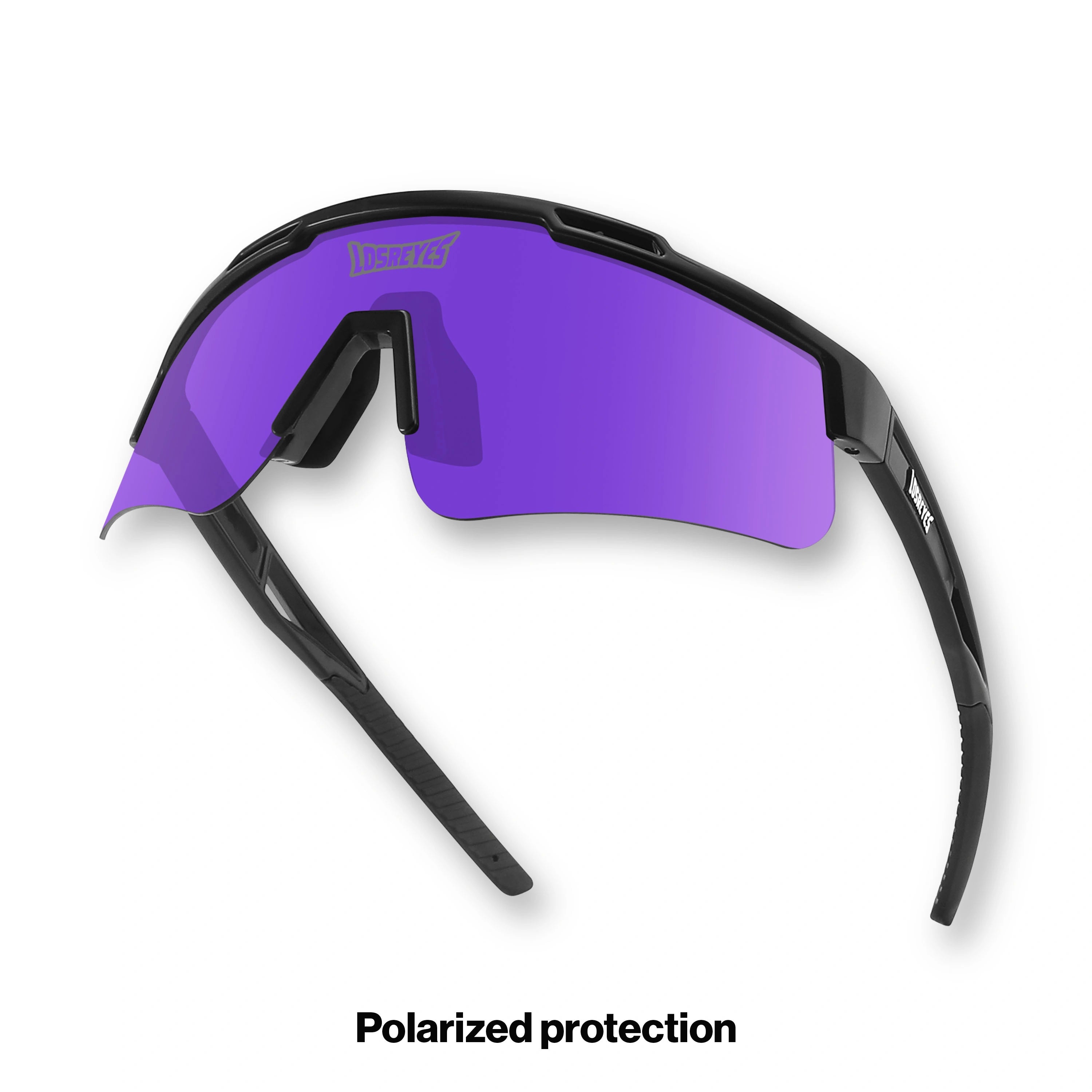 Hero view of LosReyes Prime Polarized Purple sports sunglasses featuring purple mirrored shield lenses, a sleek black performance frame, and UV400 protection — designed for training, cycling, and field sports.