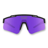 Front angle of LosReyes Prime Polarized Purple athletic sunglasses with polarized purple lenses, wraparound shield design, and aerodynamic black frame built for maximum sun protection and performance.