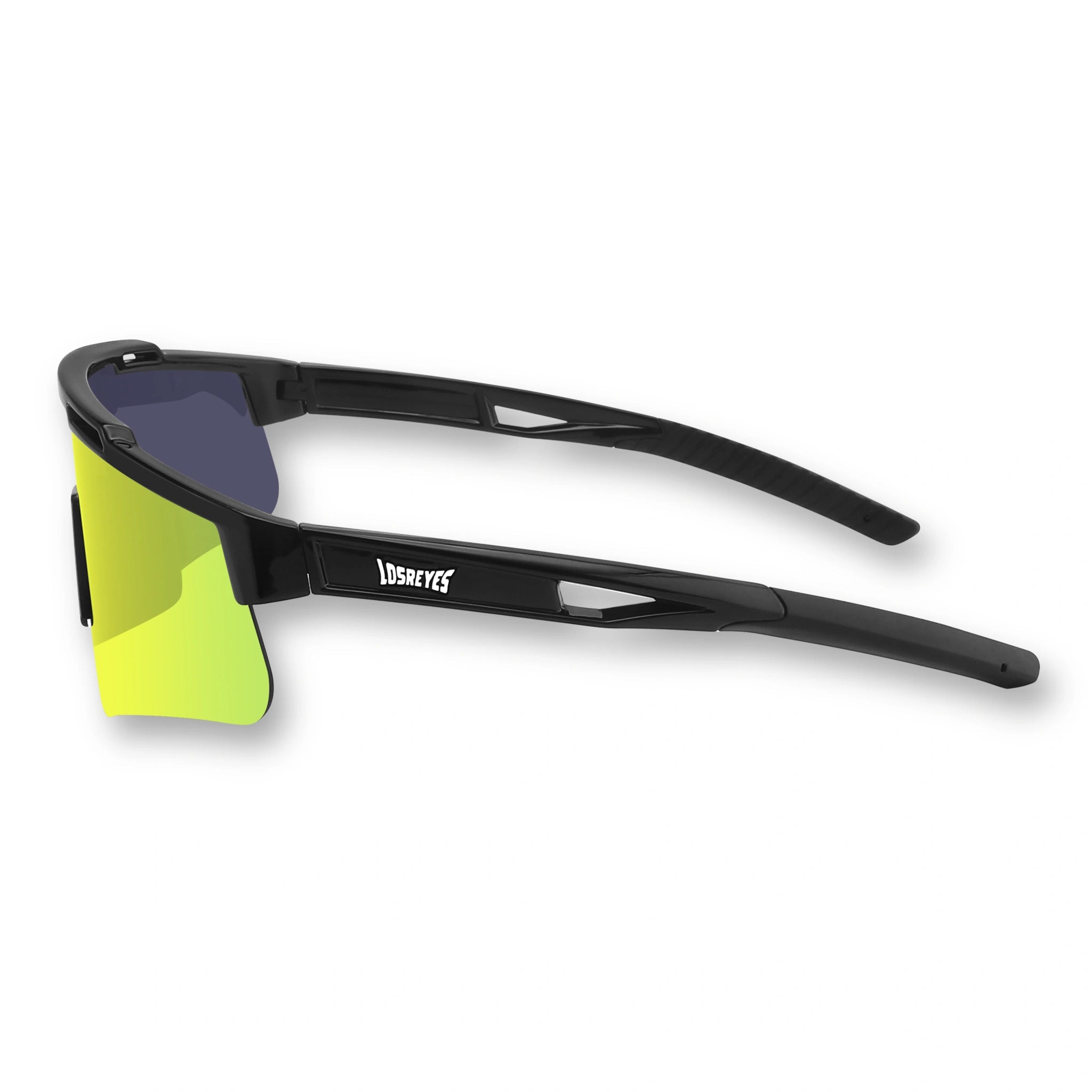 Side view of LosReyes Prime Polarized Yellow athletic sunglasses with wide-coverage shield lens, anti-glare polarized coating, and precision-molded matte black frame for cycling, baseball, and outdoor sports.