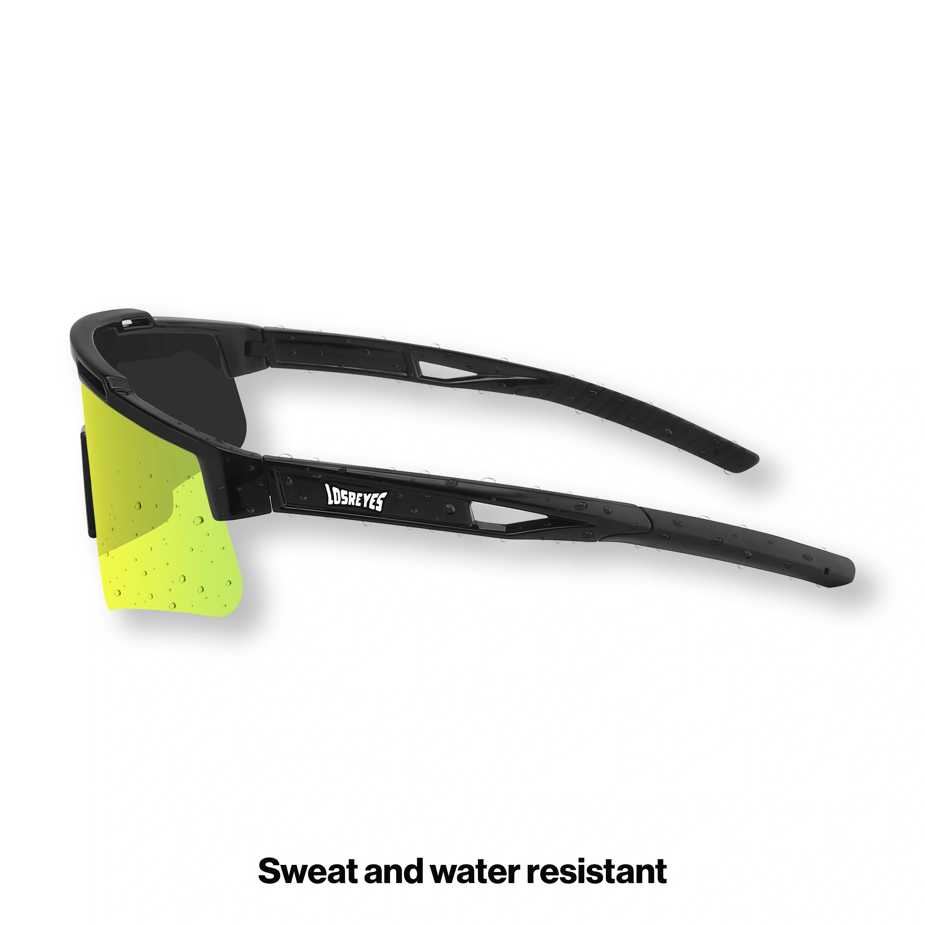 Side view of LosReyes Prime Polarized Yellow athletic sunglasses with wide-coverage shield lens, anti-glare polarized coating, and precision-molded matte black frame for cycling, baseball, and outdoor sports.
