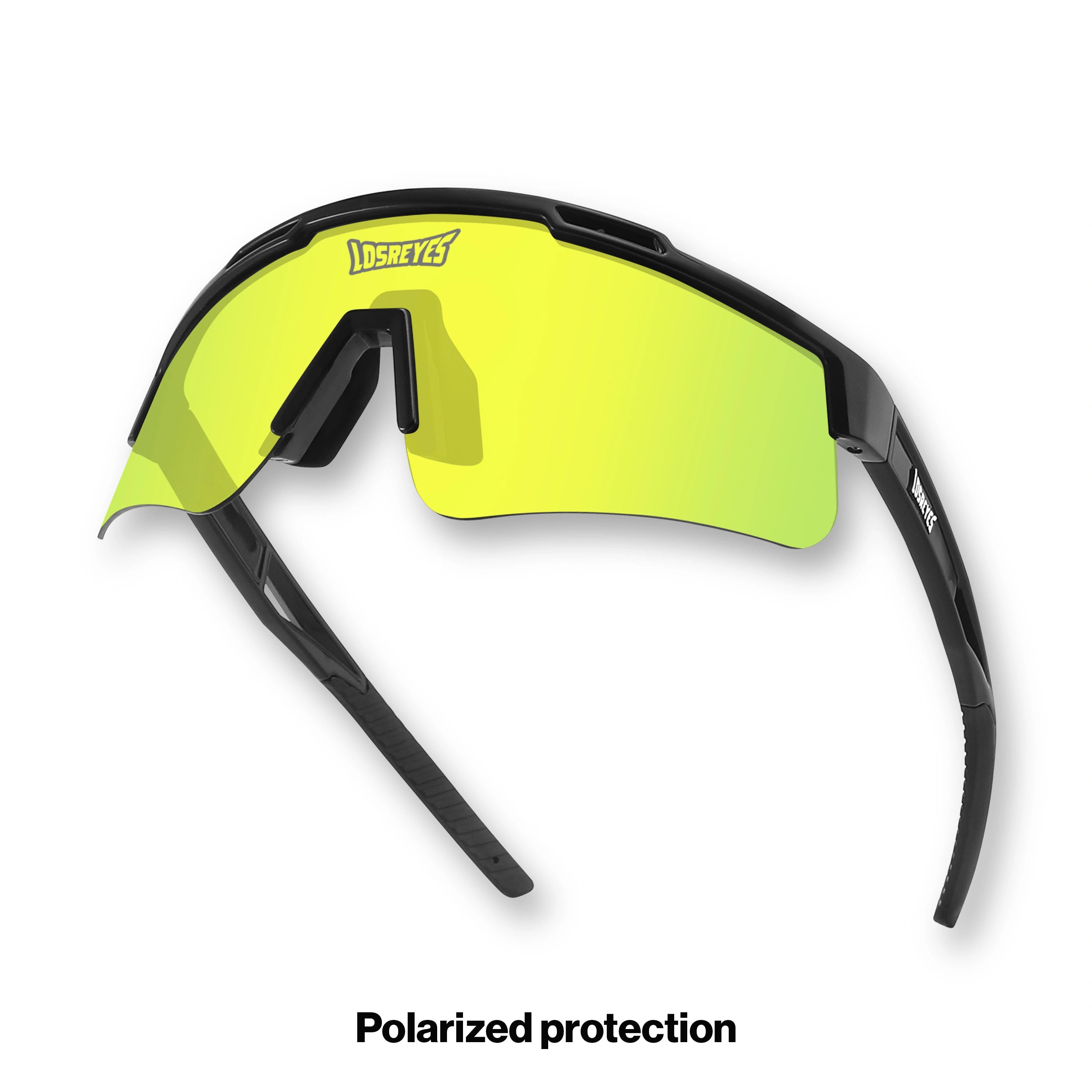Hero angle of LosReyes Prime Polarized Yellow mirrored sunglasses engineered for training and competition, featuring yellow-tint polarized optics, durable sport hinges, and sweat-resistant grip temples.