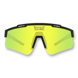 Front view of LosReyes Prime Polarized Yellow wraparound sunglasses with UV400 mirrored lenses, matte black lightweight frame, and impact-resistant design built for elite athletes.