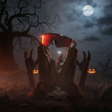 LosReyes Polarized Red sunglasses held by zombie hands in a dark, smoky setting