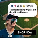 Max Clark wearing baseball losreyes pink and blue sunglasses on a baseball field with MLB branding and promotional text.