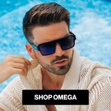 Man wearing LosReyes sunglasses with a pool background and 'Shop Omega' text overlay, omega series, Poseidon lifestyle sunglasses