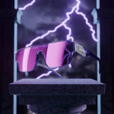 Zeus polarized shield sunglasses built with premium acetate and anti-scratch, saltwater-resistant lenses showcased with thunder-and-lightning atmosphere.