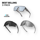 Three pairs of Best selling sunglasses in different colors on a white background with 'Best Selling 3-Pack' text, including polarized black, elevate marshmallow and omega hades shades.
