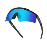 3/4 angle capturing blue mirrored polarized lenses, wraparound TR90 frame, and active fit design.