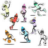 Crayon Sticker Collection featuring 8 colorful vinyl characters in sports poses—basketball, football, soccer, running, volleyball, and more by LosReyes.