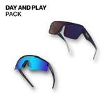 Day and Play Bundle sunglasses pack featuring two pairs of Los Reyes sunglasses, one with blue mirrored sports lenses and one with dark rectangular casual lenses