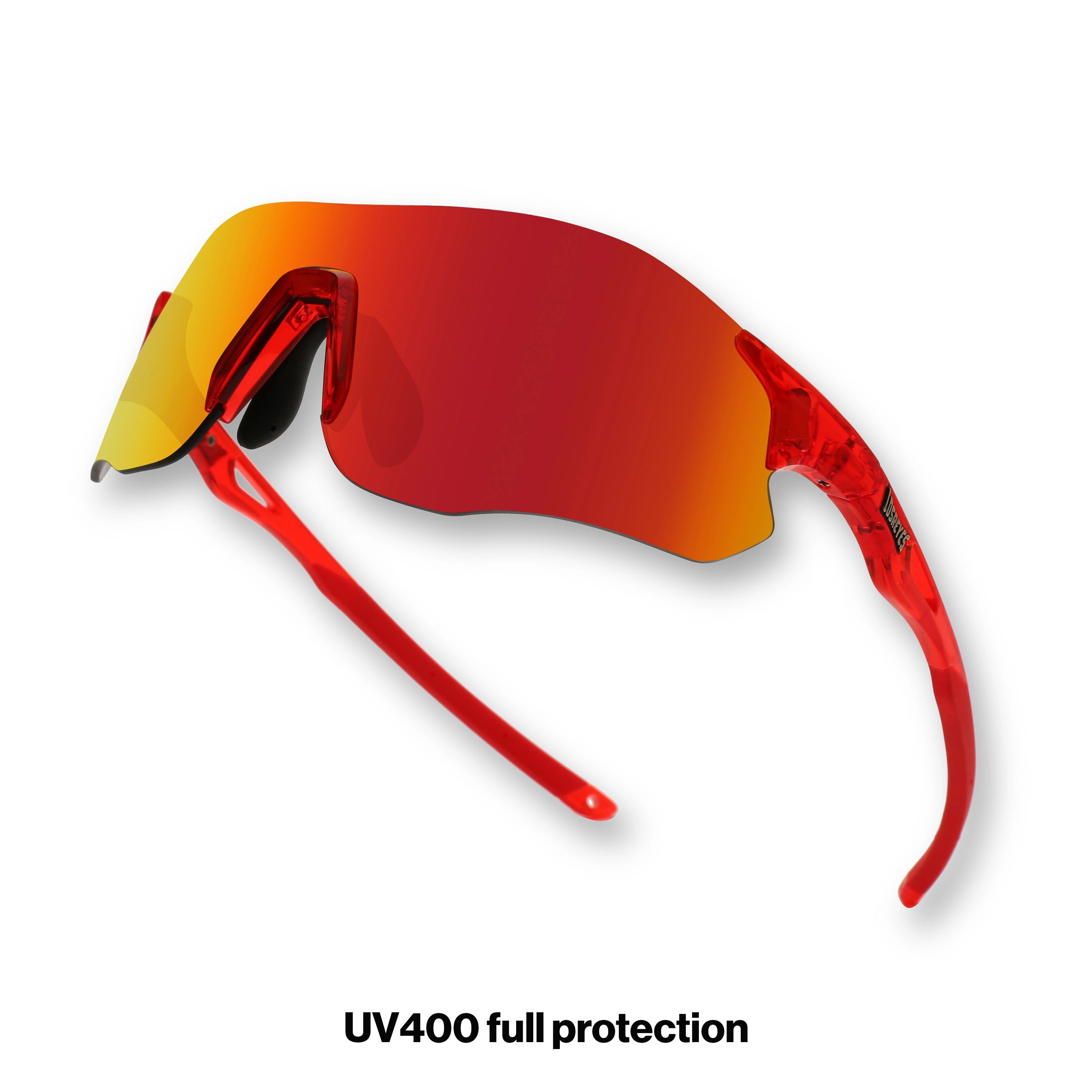 Angled view of EDGE Lava running sunglasses with red gold mirror shield lens for high-speed training