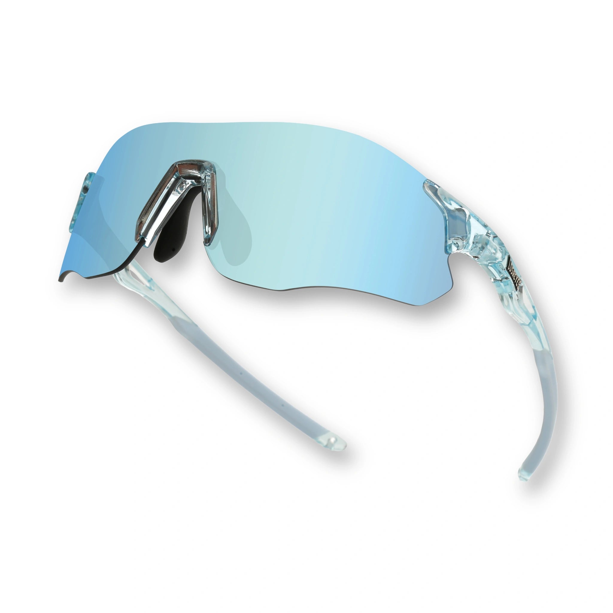 Angled view of EDGE Ocean running sunglasses with blue mirror shield lens built for endurance runs
