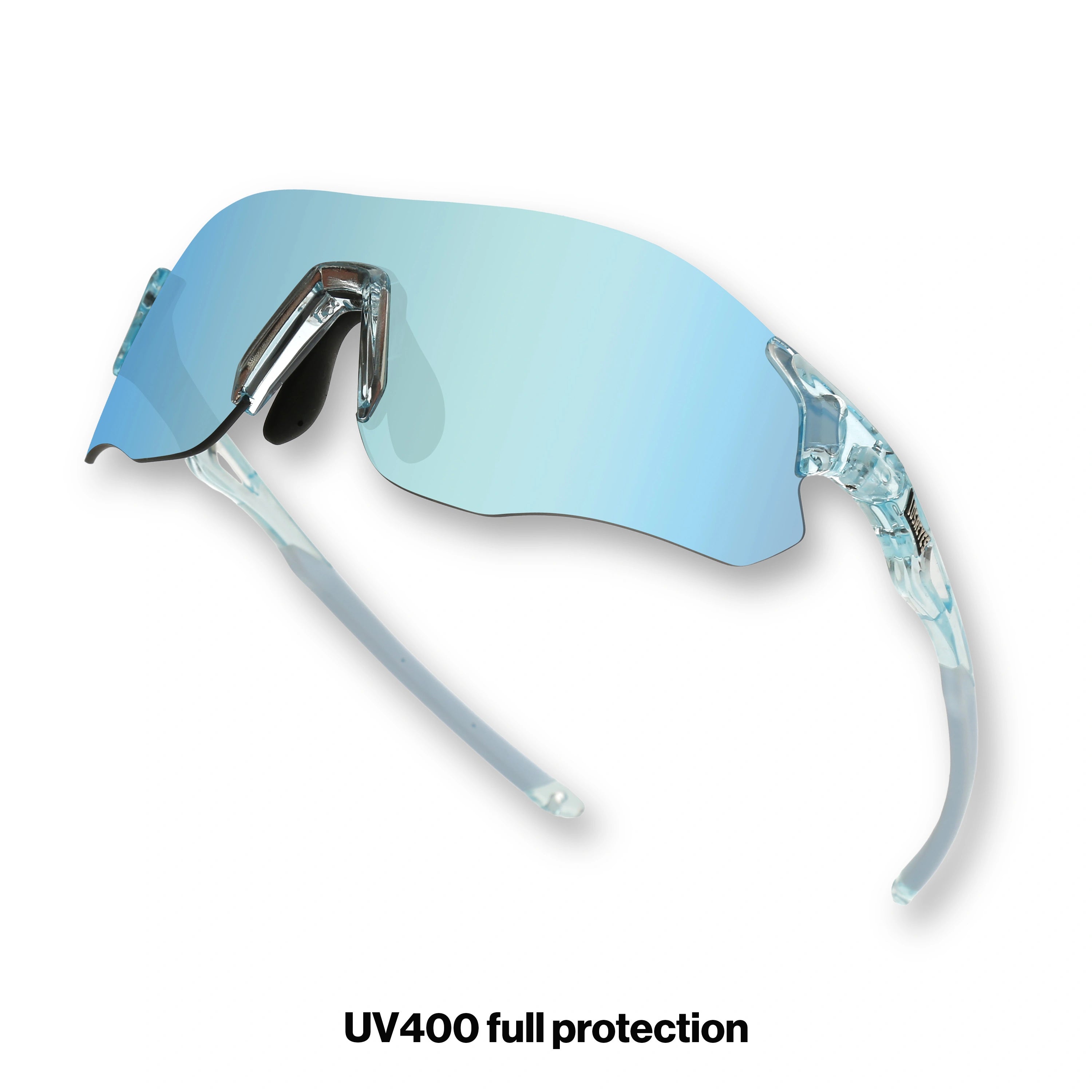 Angled view of EDGE Ocean running sunglasses with blue mirror shield lens built for endurance runs