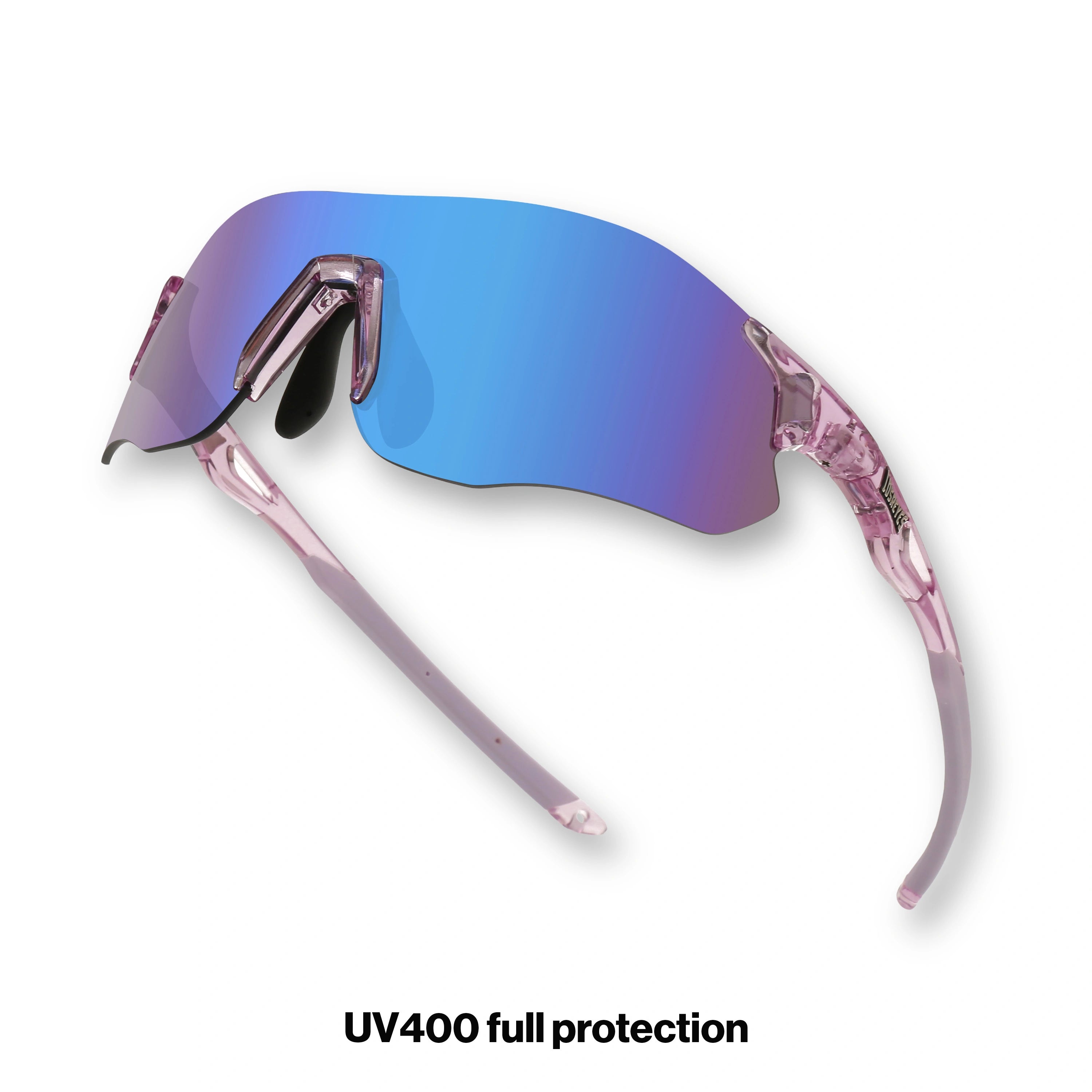 Angled view of EDGE Royal running sunglasses with purple mirror shield lens for speed and outdoor training