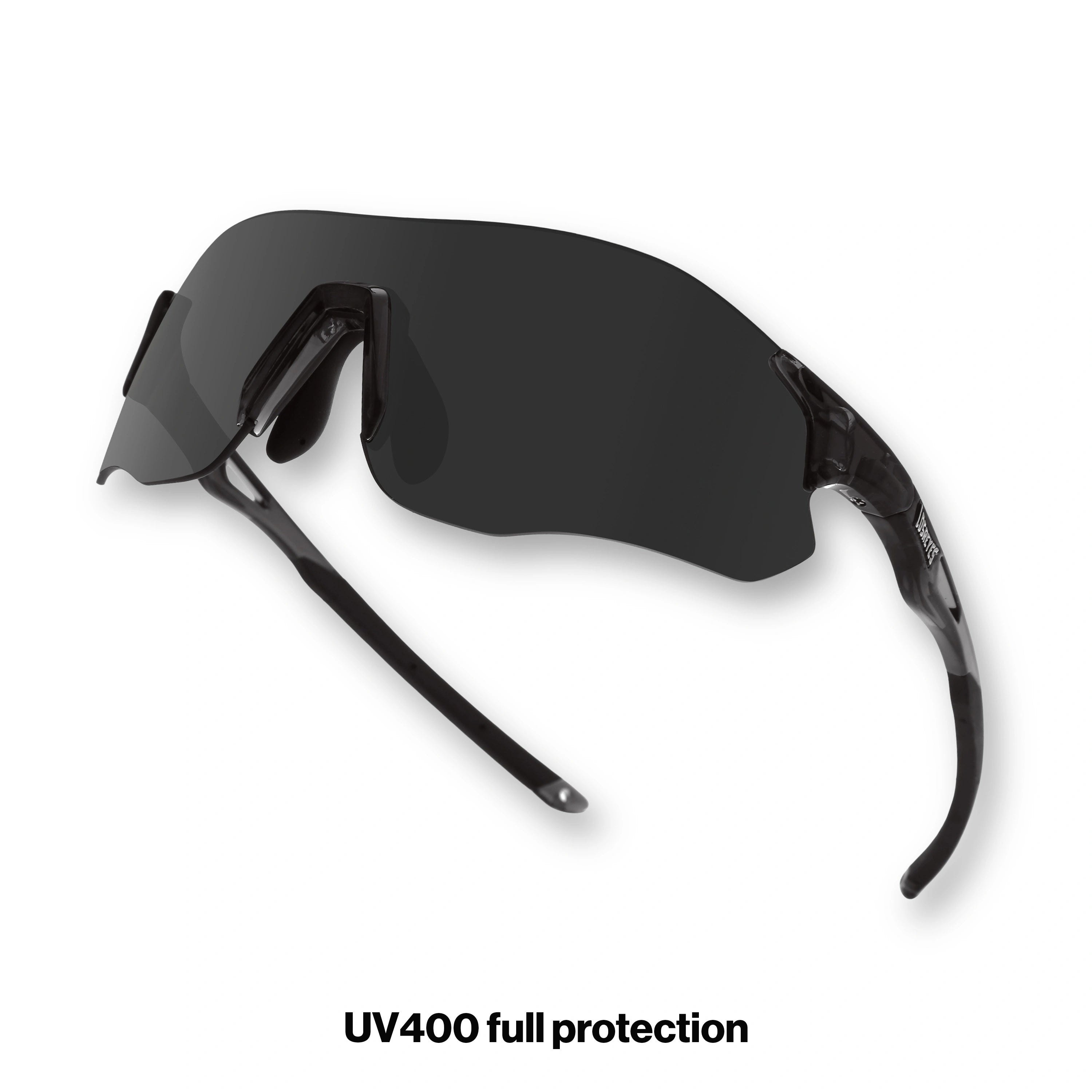 Angled view of EDGE Shadow running sunglasses with dark shield lens designed for focus and motion