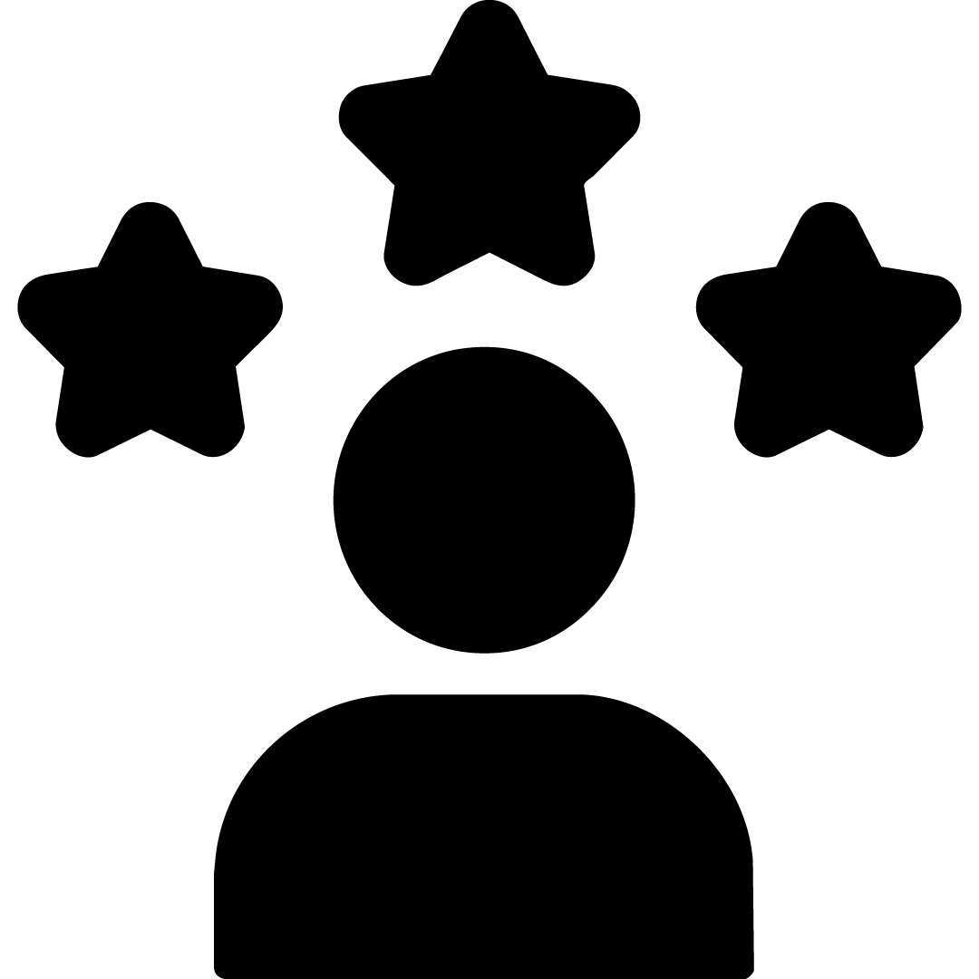 A minimalist black line icon of a person silhouette with three stars above symbolizing LosReyes happy customers