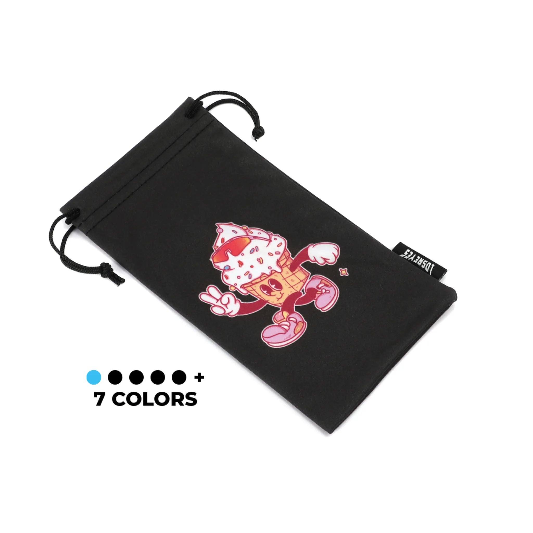Black microfiber pouch featuring a playful ice cream cone character with a peace sign, perfect for storing sunglasses or eyeglasses