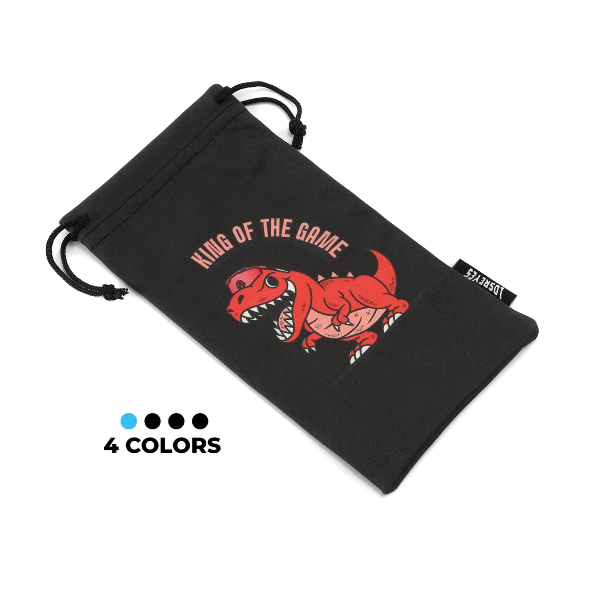 Black drawstring pouch with a red T-Rex cartoon and 'King of the Game' text, great for kids' sunglasses or gaming accessories