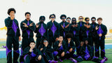 Youth football team wearing LosReyes Apparel black and purple tracksuits and Candy Collection sunglasses on football field, community culture brand United States