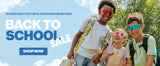 Three kids wearing colorful LosReyes Candy Collection sport sunglasses outdoors with backpacks, promoting the Back to School Sale