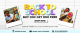 Promotional banner for 'Back to School' sale by LosReyes with two people and colorful text on a grid background.