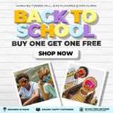 Promotional poster for 'Back to School' sunglasses  by LosReyes with colorful text and images of children wearing sunglasses.