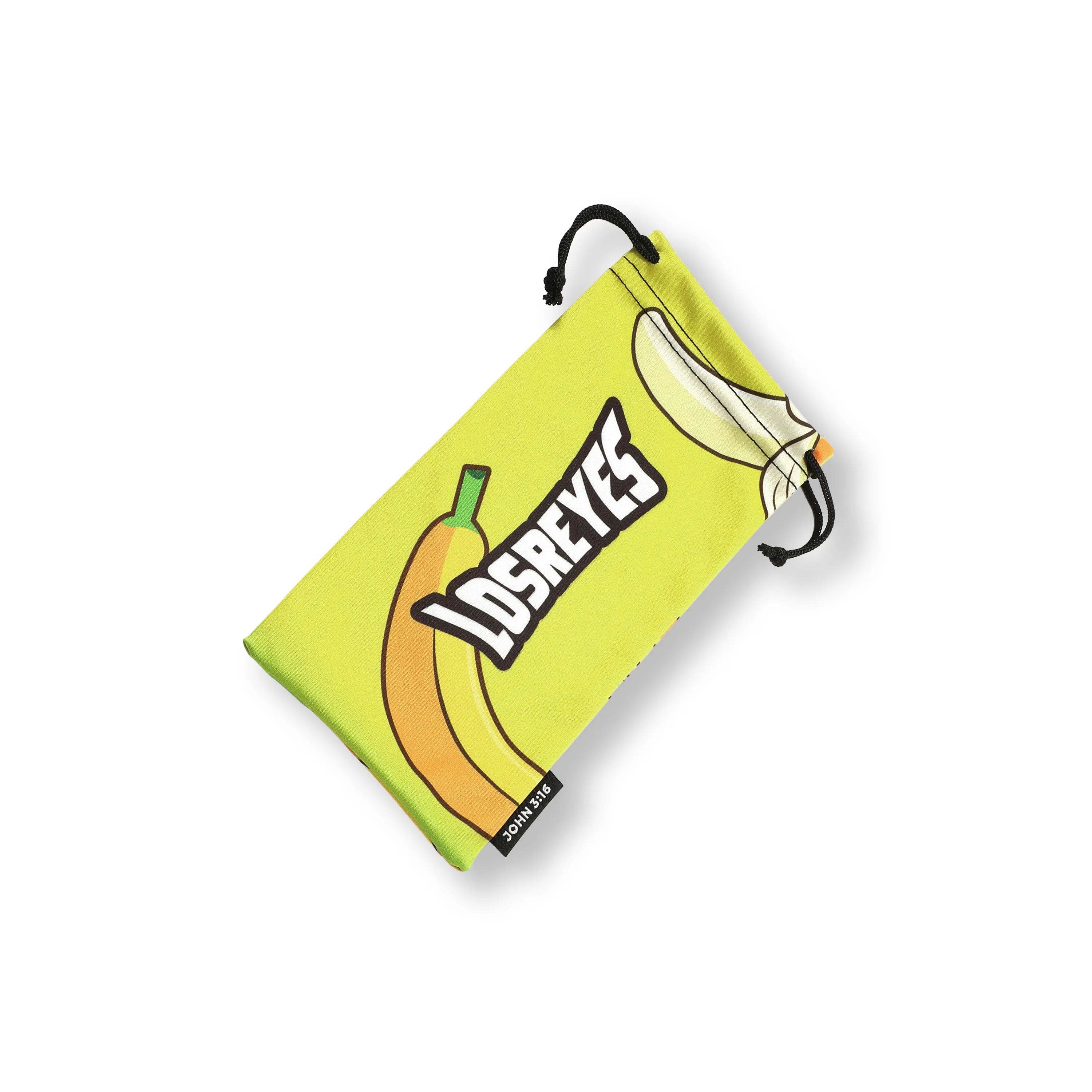LOSREYES banana flavor microfiber sunglasses microbag in bright yellow with a banana print and ripped logo