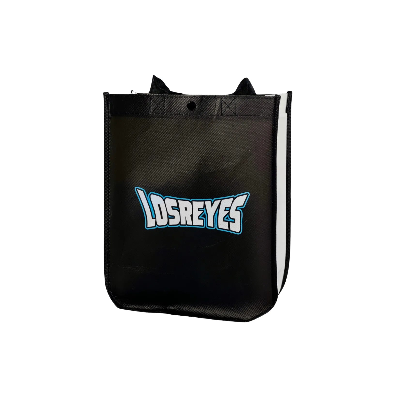Elegant black gift bag from Los Reyes, photographed from the front angle on a neutral background