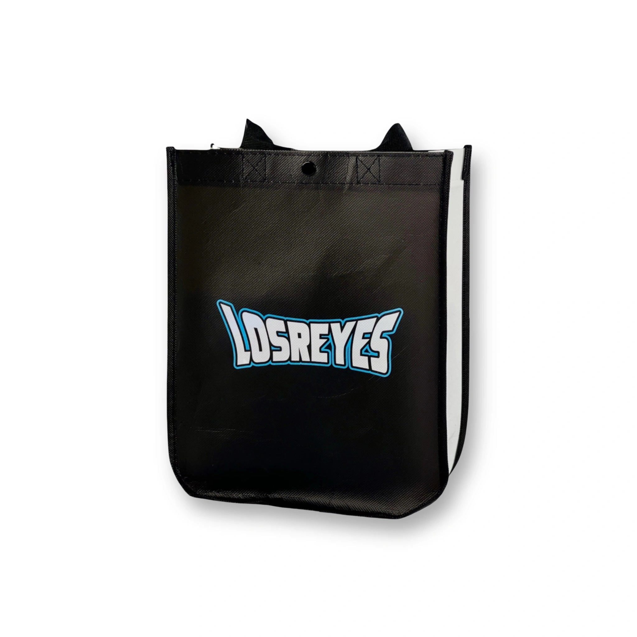 Elegant black gift bag from Los Reyes, photographed from the front angle on a neutral background