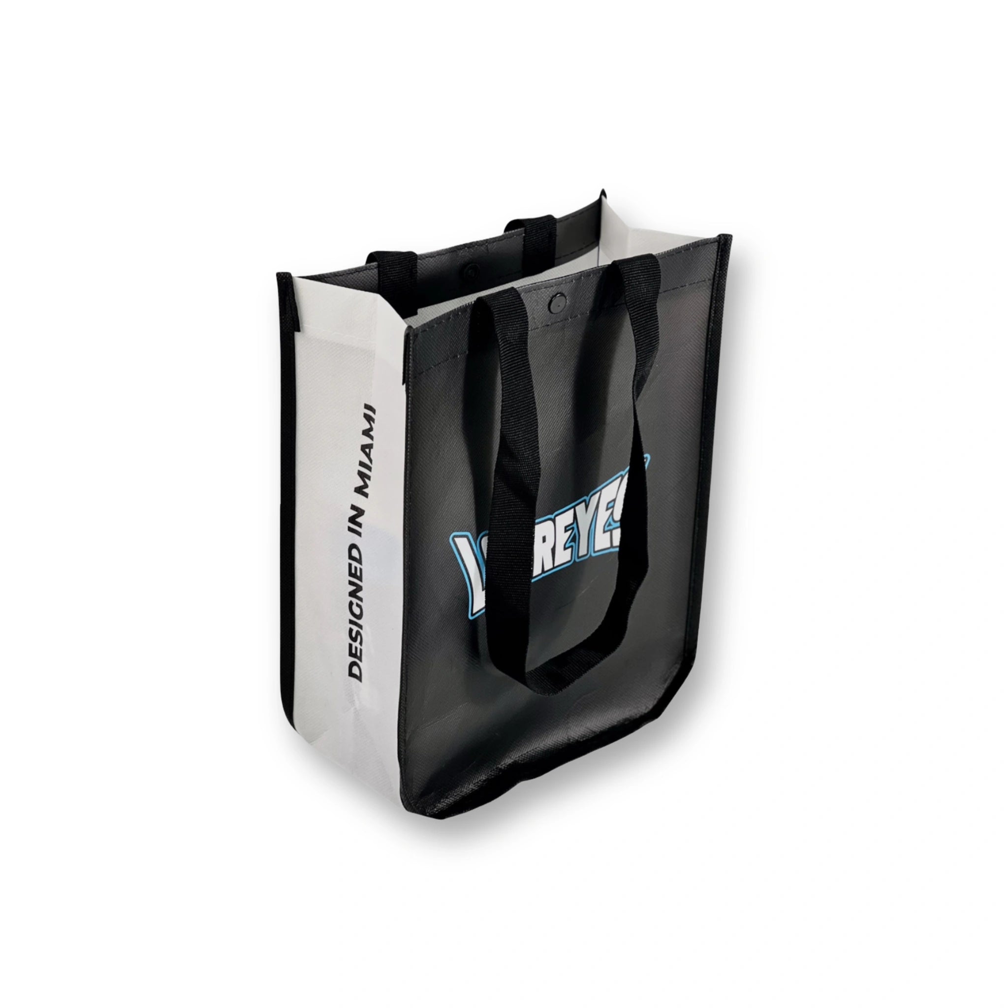 Top-down view of the black Los Reyes gift bag showing inner compartment and handle layou