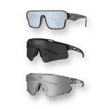 Three pairs of LosReyes black sunglasses with different lens colors on a white background