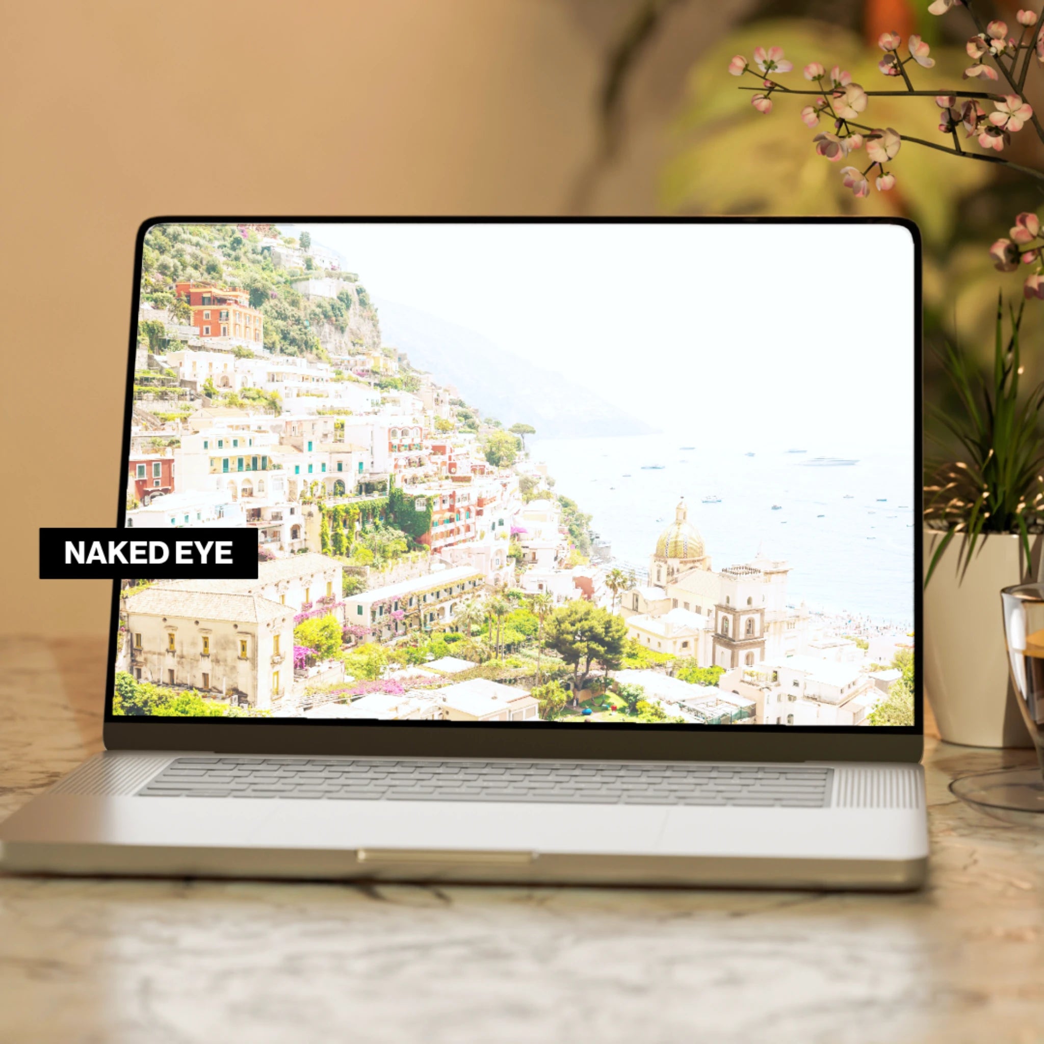 Laptop screen glare and brightness without blue light filtering lenses shown as naked eye comparison