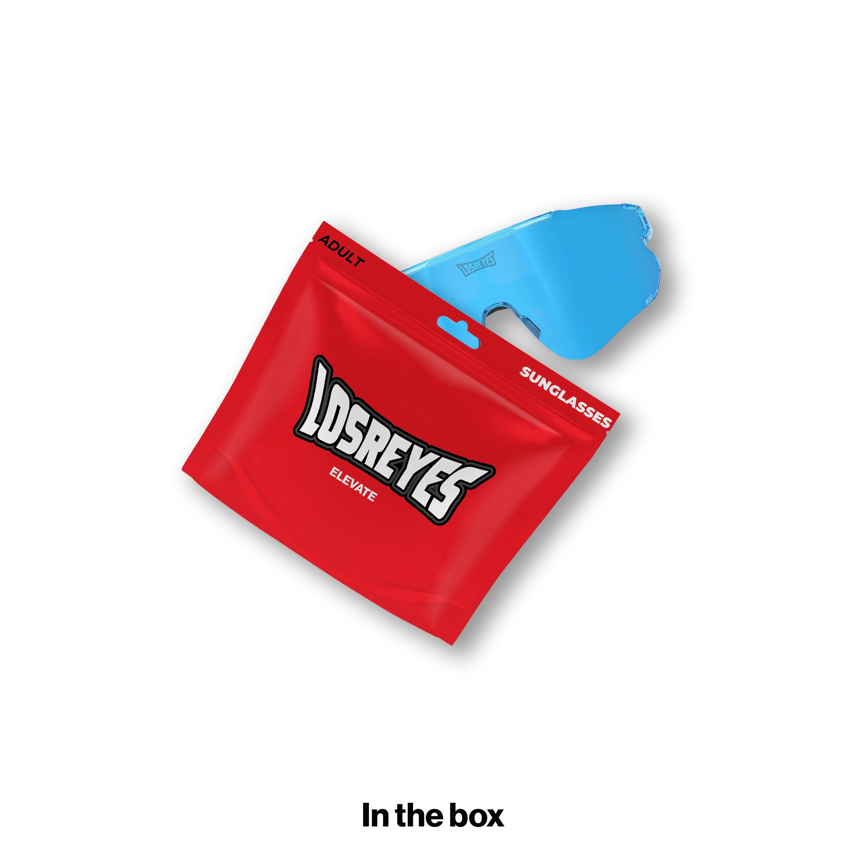 LOSREYES Elevate Blue Raz sport sunglasses with blue lens and red resealable packaging