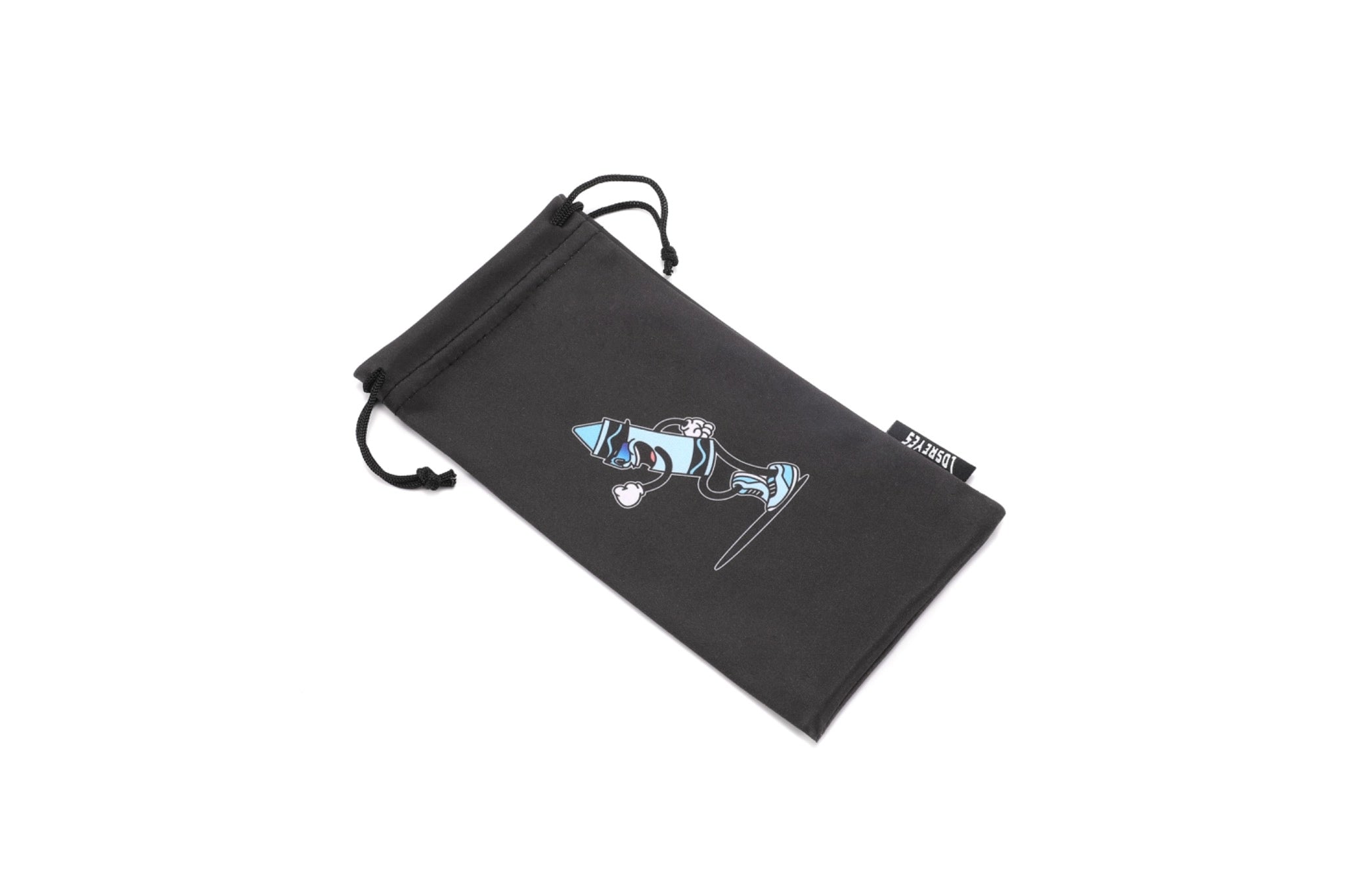 LosReyes black microfiber pouch with a blue cartoon crayon character mid-run – athletic eyewear case for runners