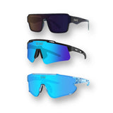 Three pairs of LosReyes blue sunglasses with different lens colors on a white background
