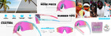 Cotton candy Product display of colorful sunglasses with various features highlighted on a white background.