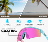 Cotton candy LosReyes Sunglasses with UV400 protection and impact resistance features displayed against a beach background.