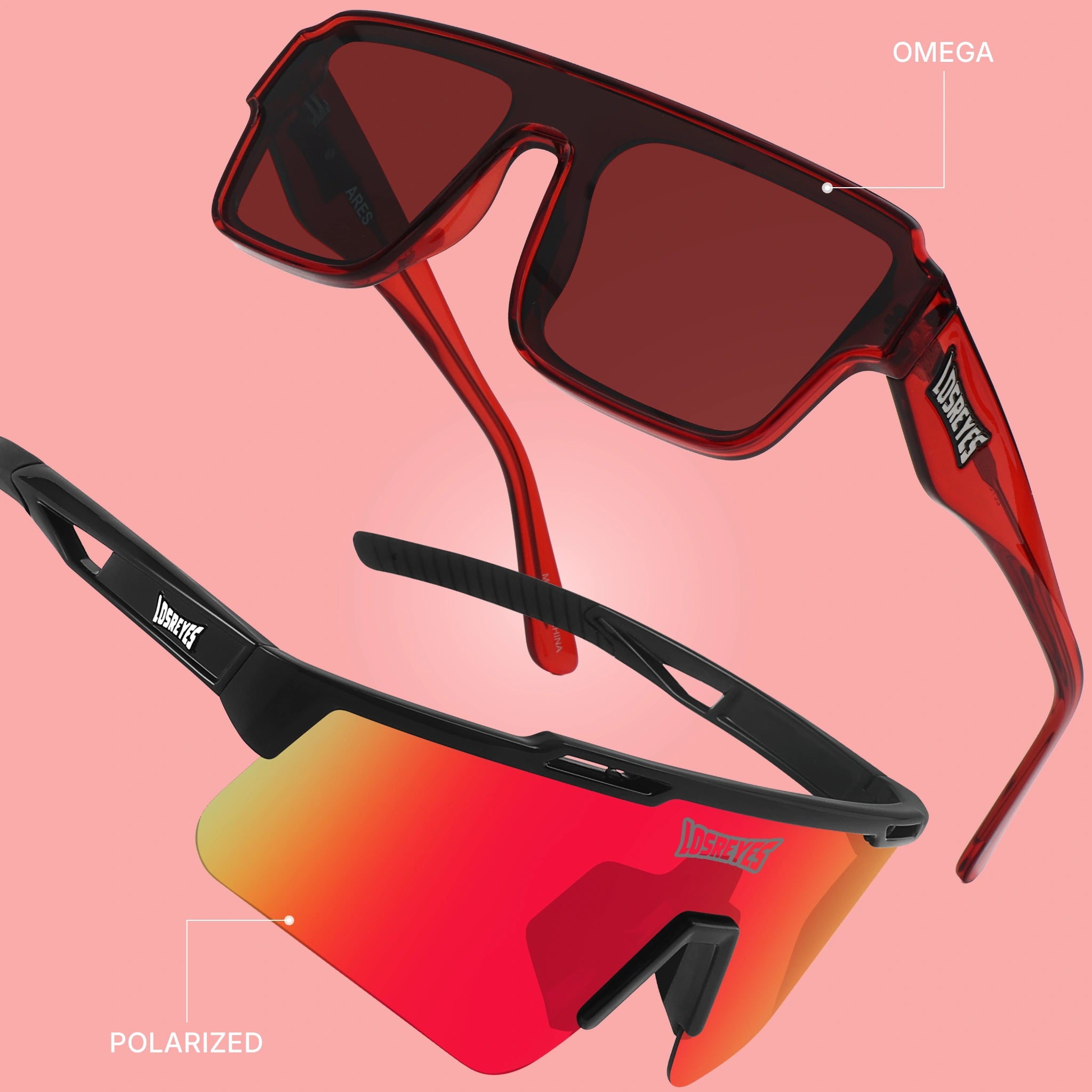Two pairs of sunglasses with different frame colors and lenses on a pink background, featuring the brand 'Losreyes'.