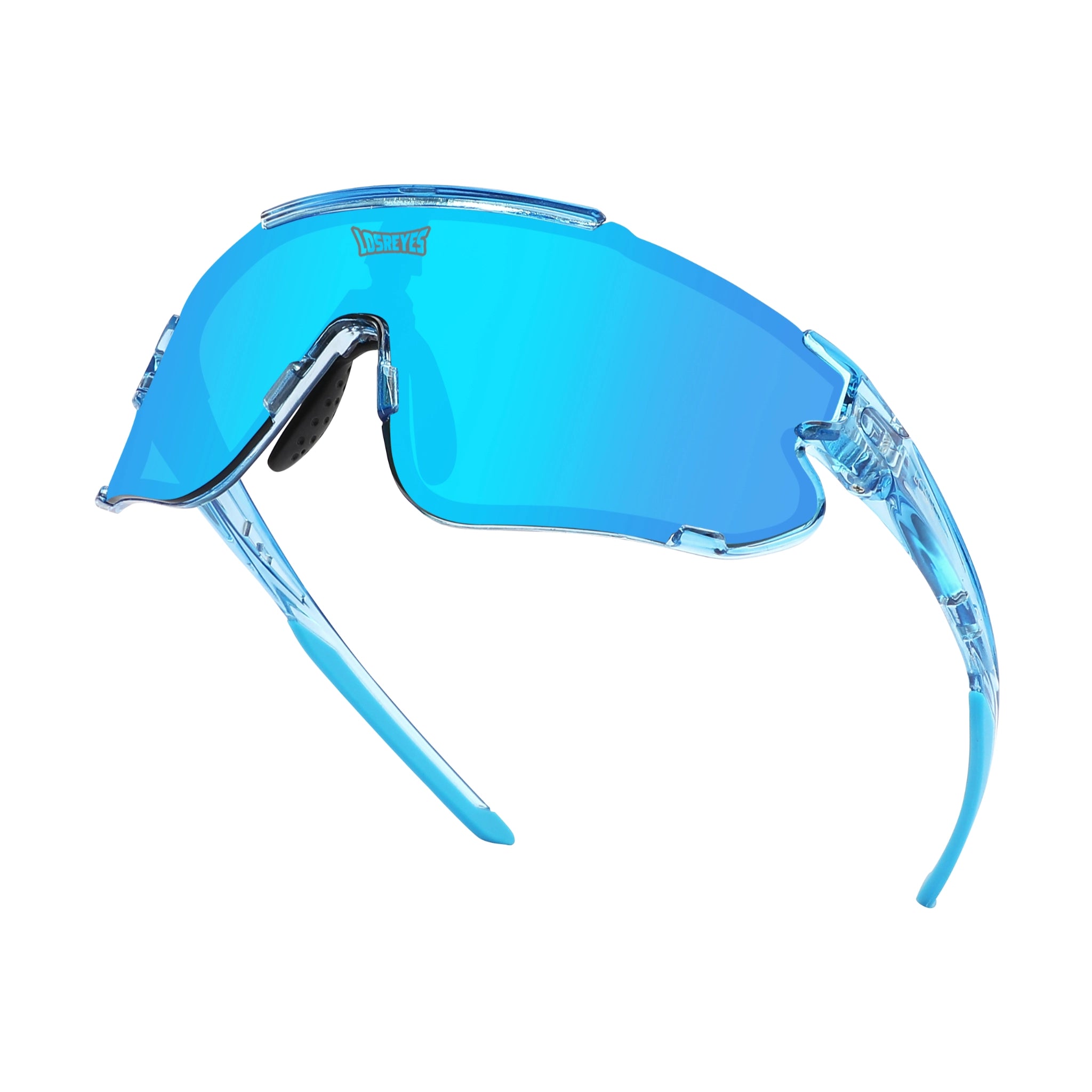 Hero view of LosReyes Elevate Collection Blue Raz sports sunglasses featuring iridium shield lens, aerodynamic wraparound frame, and UV400 protection