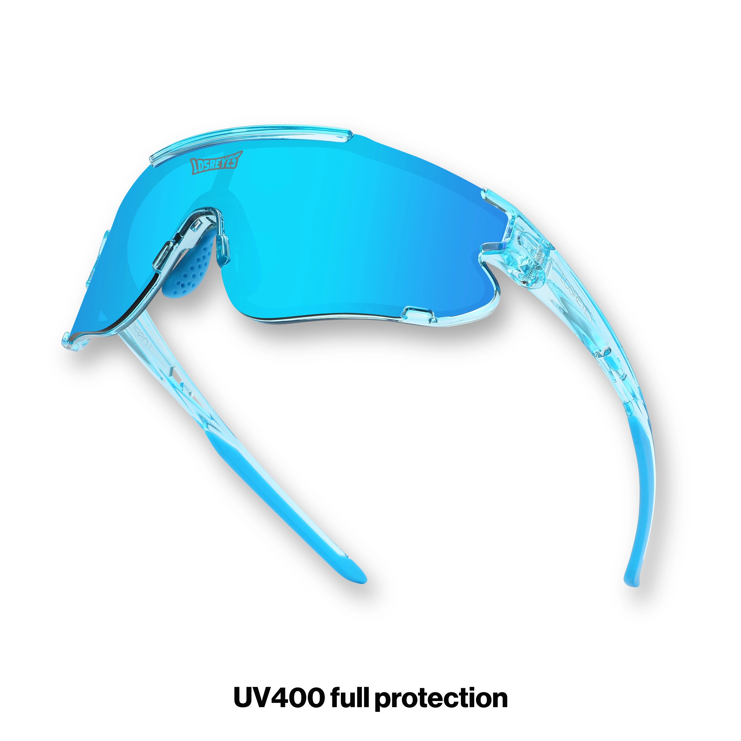 Hero view of LosReyes Elevate Collection Blue Raz sports sunglasses featuring iridium shield lens, aerodynamic wraparound frame, and UV400 protection