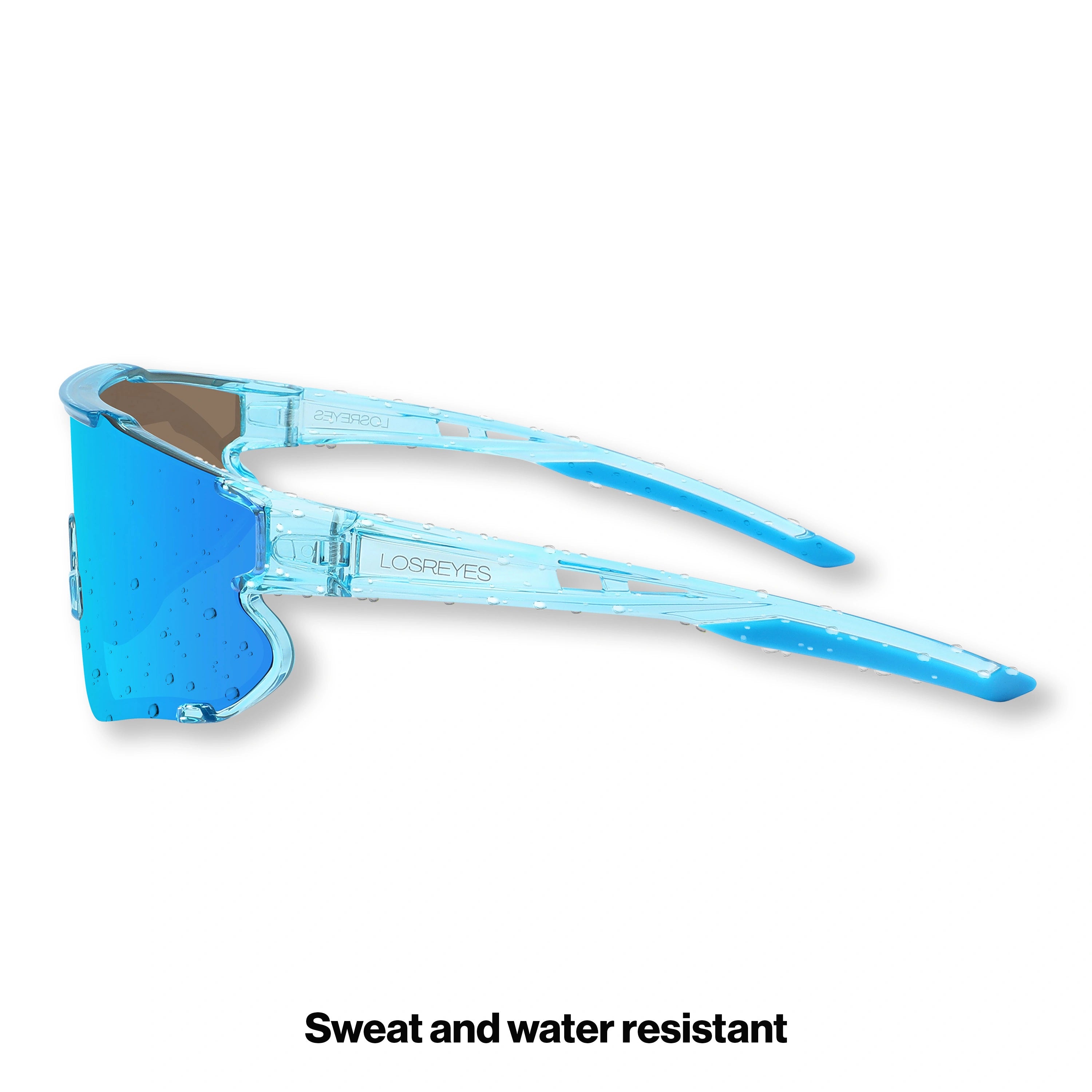 Side view of LosReyes Elevate Collection Blue Raz wraparound sports sunglasses featuring ergonomic arms, mirrored iridium lens, and UV400 performance frame